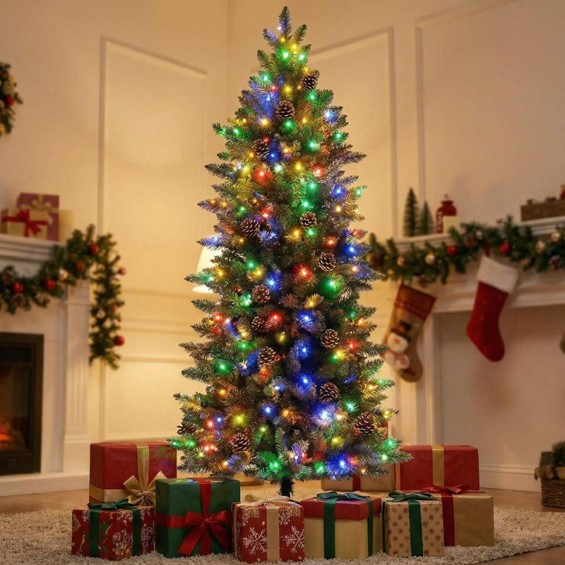 Arbre de Noël artificiel mince illuminé 6 pi avec 250 lumières DEL multicolores - Décoration de Noël peu encombrante
