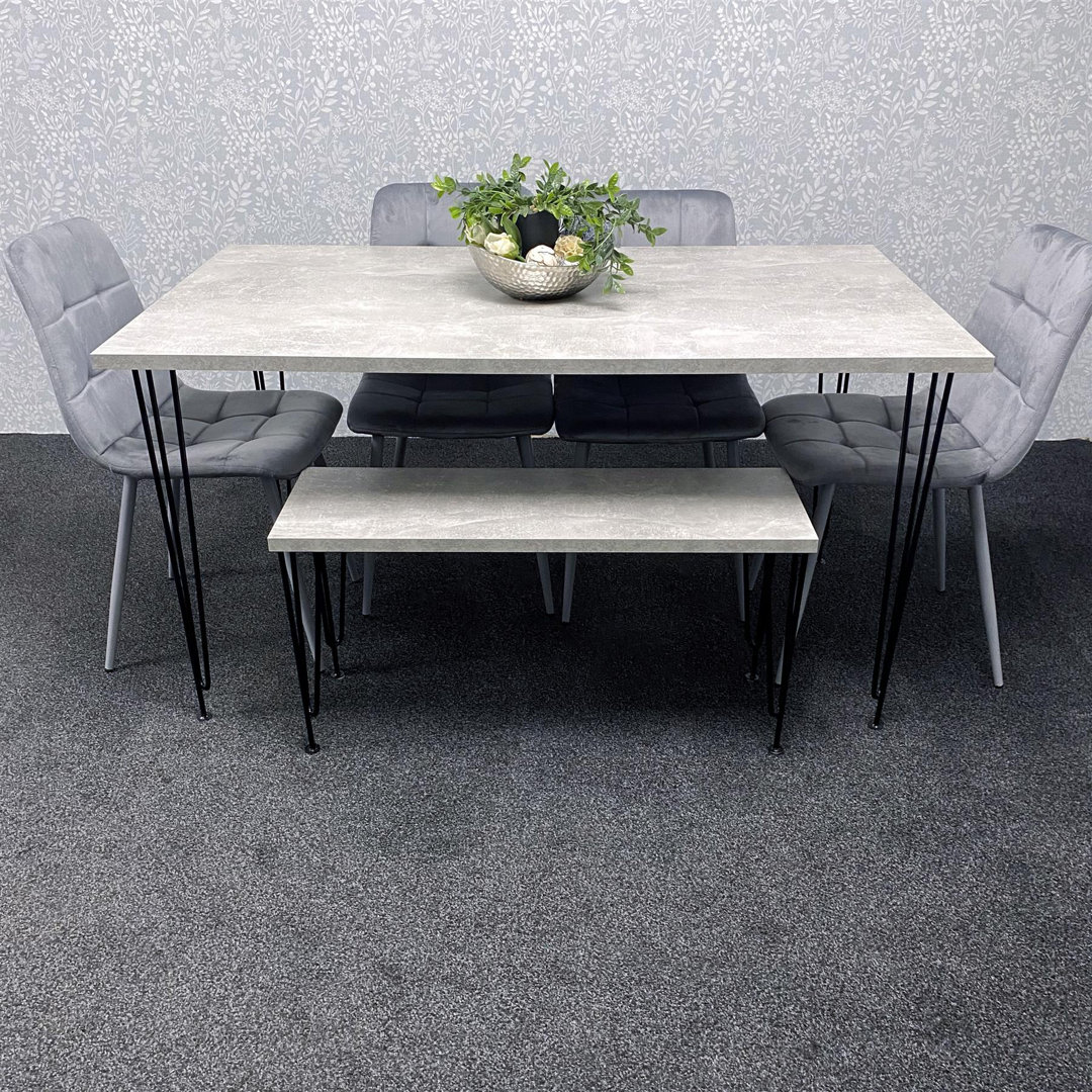 Dining Table with Hairpin Legs, Bench & 4 Velvet Chairs Set