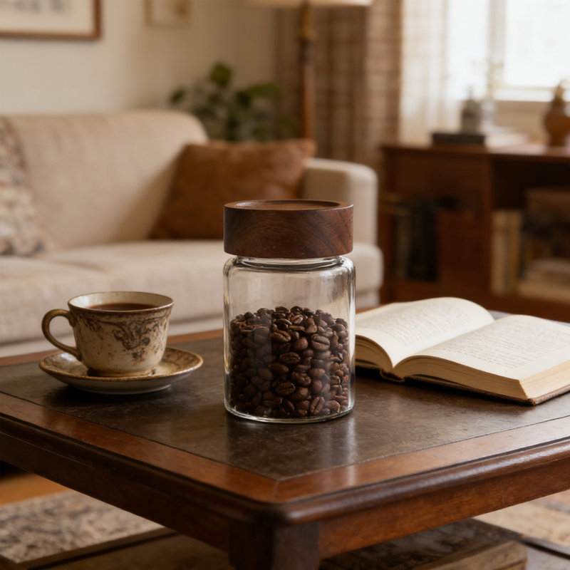 Pot de rangement en verre Pot de rangement en verre borosilicaté scellé résistant à la chaleur avec récipient à thé grain de café en érable