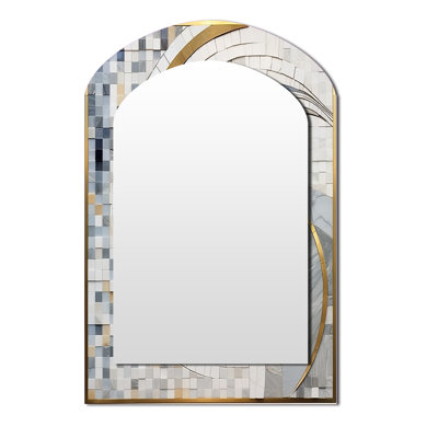 Gris et jaune mosaïque II - miroir décoratif arqué de formes abstraites, miroir mural asymétrique moderne, impression d'art en métal