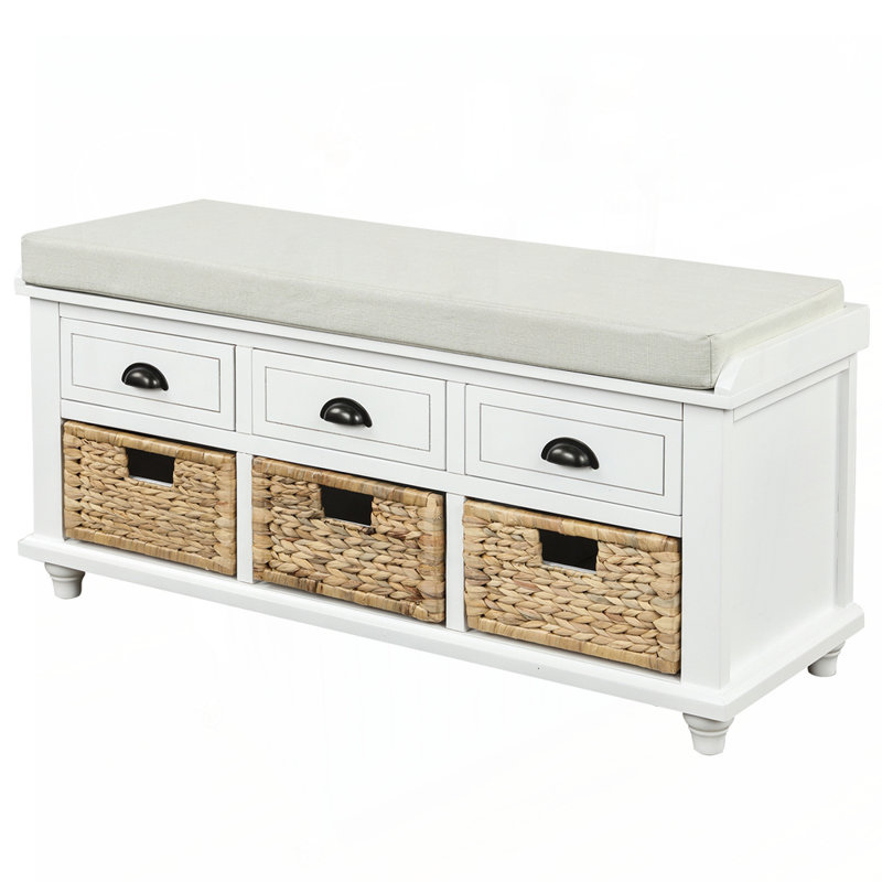 Banc de rangement Fluker avec 3 tiroirs et 3 paniers en rotin, banc à chaussures pour le salon, vestibule, Blanc
