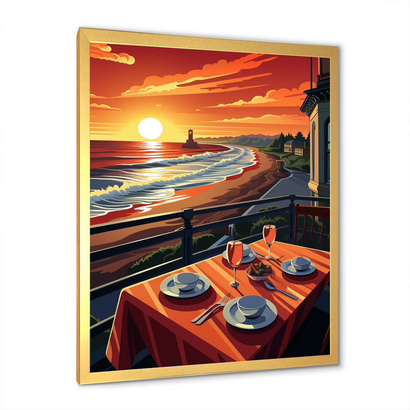 «Beachfront Dinner Sunset - Coastal Windows», art mural, Cadre doré simple, H 44 po x l 34 po x P 1,5 po