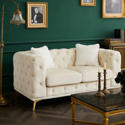 61.28 Inch 2-Seat Button Tufted Velvet Loveseat Sofa, Diamond Quilted Upholstered Couch with 2 Decor Throw Pillows and Gold Metal Legs, 500 LBS Weight Capacity Modern Vintage Sofa for Living Room, Bedroom & Office
