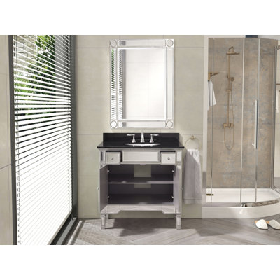 Benton Collection 36 Inch Traditional Freestanding Mirrored Ashlyn Bathroom Vanity, Single Sink, Black Galaxy Granite Top, Fully Assembled