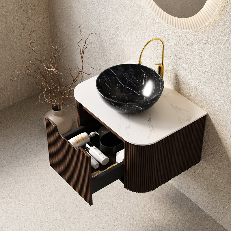 Meuble-lavabo 24 po, finition rayée 3D noyer foncé, vasque en céramique noire, tiroir avec glissières et système d'amortissement à fermeture en douceur