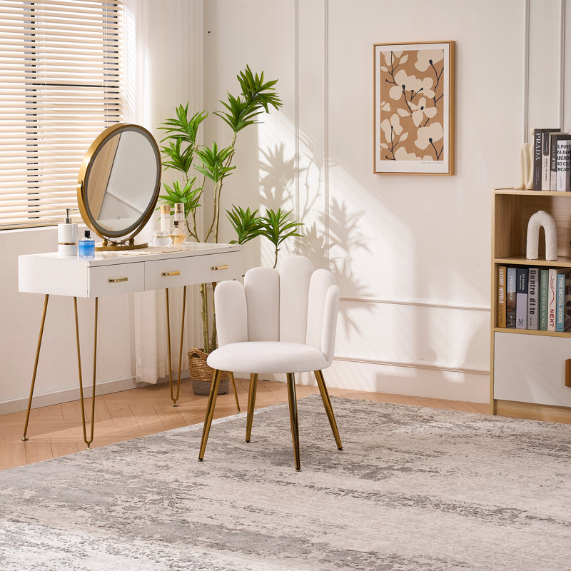 Velvet Vanity Chair with Back Vanity Stool with Gold Legs, Ivory