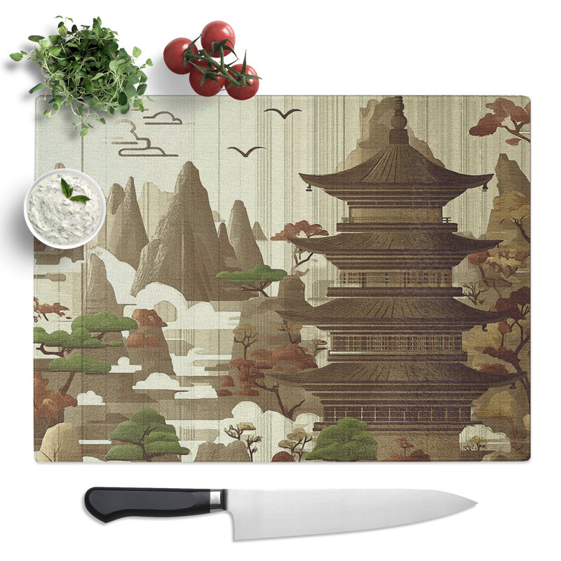 Pagoda Japanese Art  Glass Chopping Board