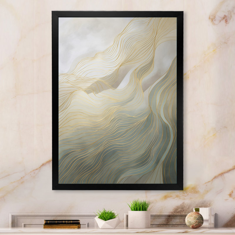 «Gold and Gray Line Art In Motion I», impression sur toile or et gris I Motion, Cadre photo noir, H 32 po x l 16 po x P 1 po