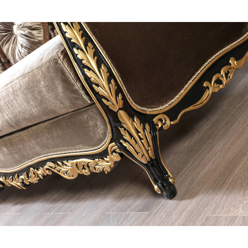 Haben Button Tufted Sofa with 5 Pillows in Light Green, Gold and Black High Gloss