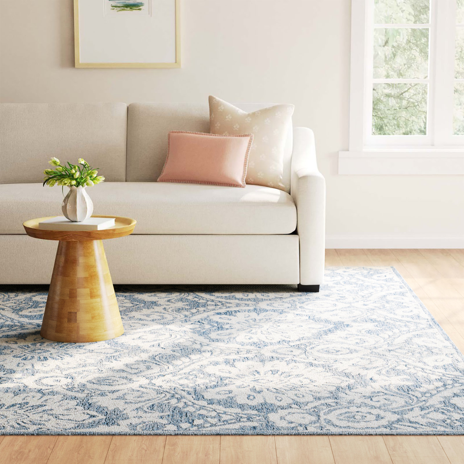 Tansy Handmade Wool Blue/Ivory Rug, Rectangle 10' x 14'