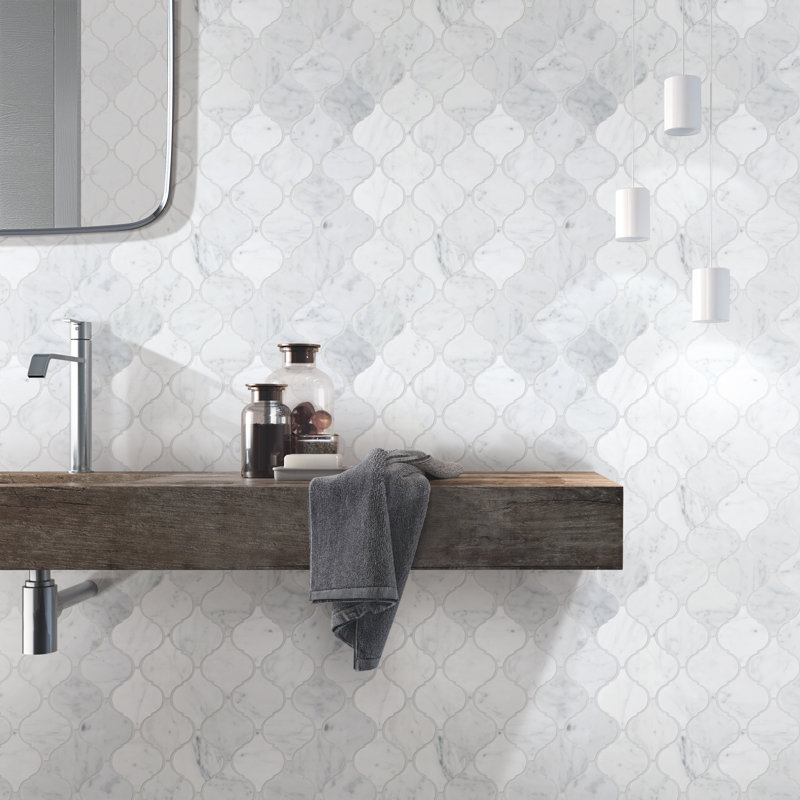 2.5" x 3" Marble Arabesque Mosaic Wall & Floor Tile, White Carrara