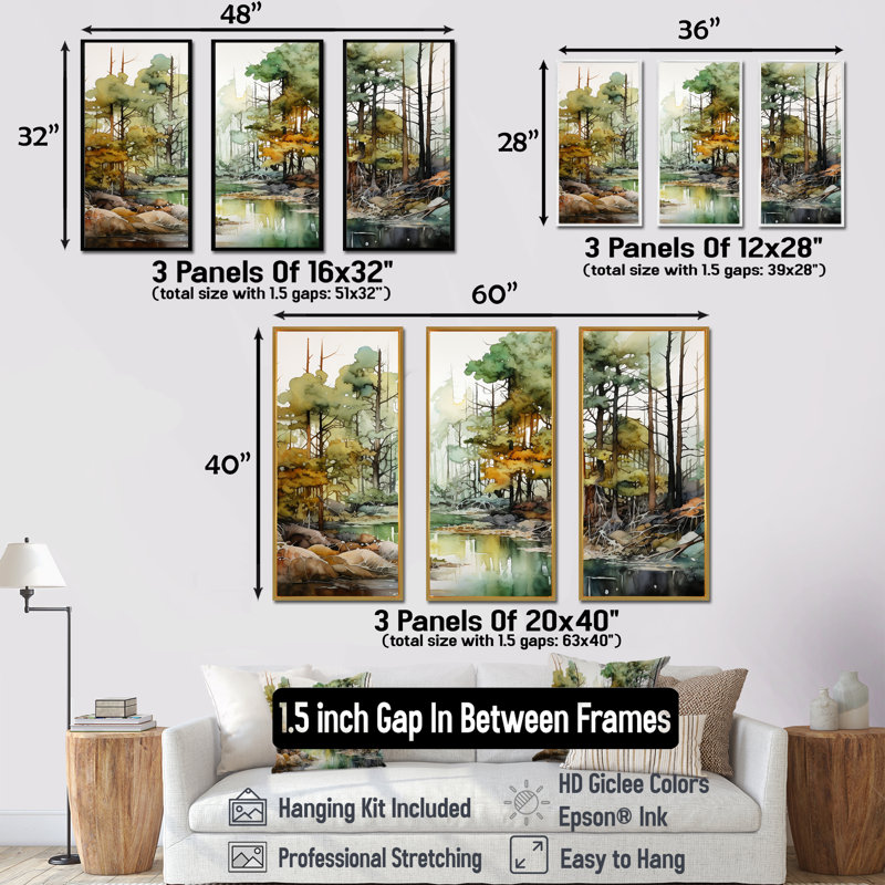 Encre alcoolisée «Forest Landscape», ensemble d'art mural forêt, Cadre flottant noir, H 40 po x l 60 po x P 1 po