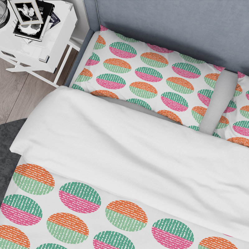 Pink and Green Circle Pattern - Abstract Duvet Cover Set - Microfiber Polyester, King Duvet Cover + 2 King Shams