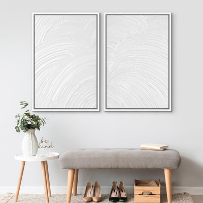 3D Texture Illusion Minimalist White Elegant Abstract Modern Wall Art Framed 2 Pieces Canvas Print