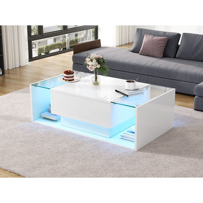 Table basse Aroa moderne ultrabrillante avec lumières DEL, panneaux de verre et rangement ouvert, White