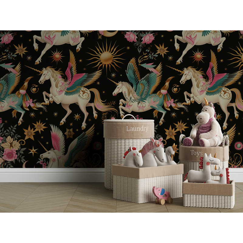 Motif de papier peint pour enfants Pégase Céleste Sombre, Licorne et Fleurs, L 60 x L 40, Vinyle