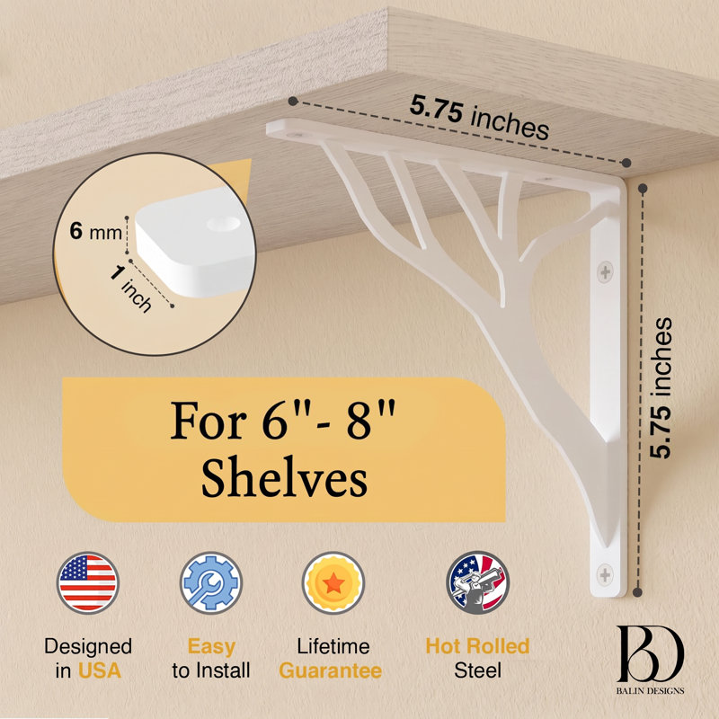 Rustic Tree Shelf L Brackets by Balin Designs (White) for 6 inch - 8 Inch Shelves - Heavy-Duty Decorative Metal Mantel Bracket Supports - Easy Installation with Included Hardware - Set of 4