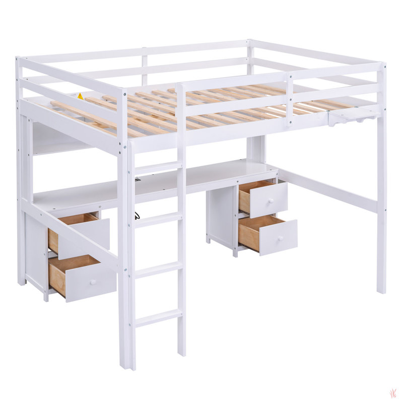 Lit mezzanine avec bureau, armoires, tiroirs et plateau de chevet, station de charge, Blanc