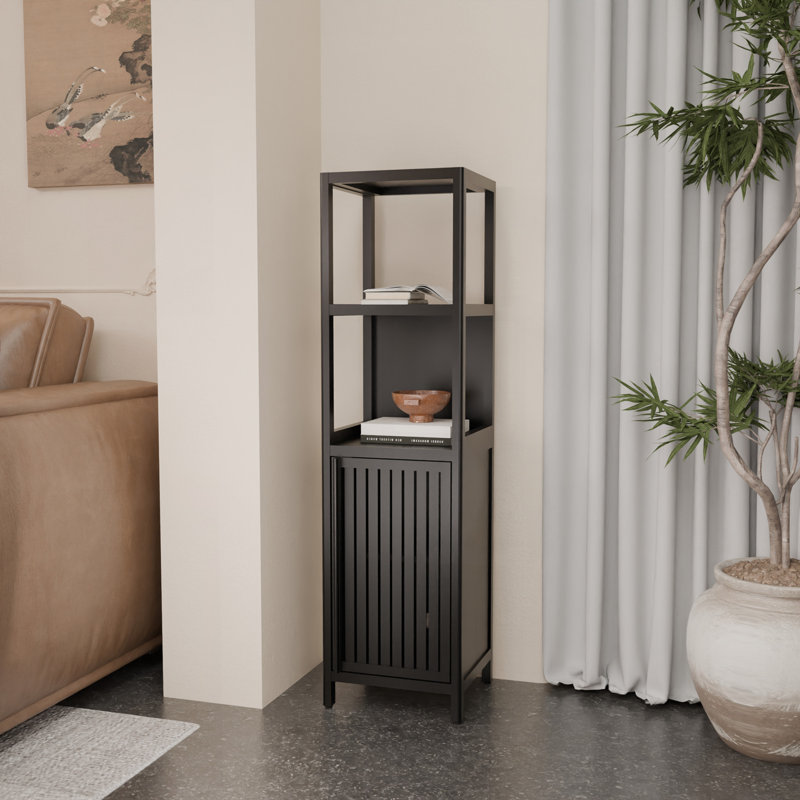 A 52-Foot-Tall Black Linen Tower Bamboo Storage Cabinet, Suitable For Main Living Spaces Such As Bathrooms, Bedrooms, And Living Rooms.