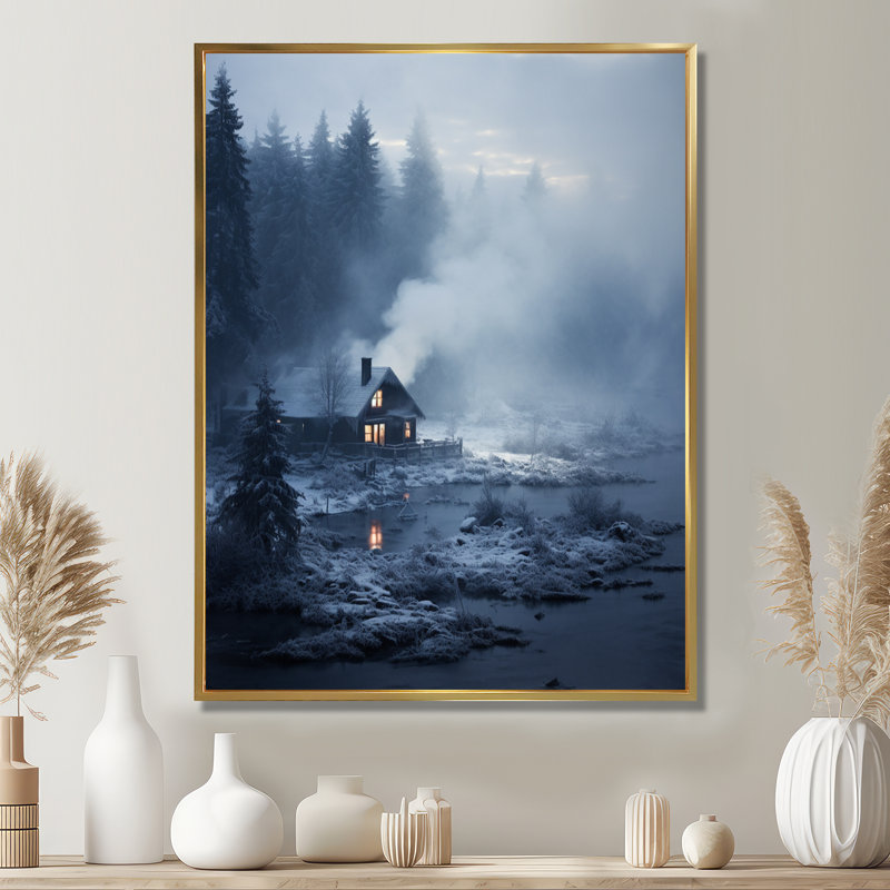 Misty Winter Cottage Northern Land - impression d'art mural paysage, Toile avec cadre flottant or, H 20 po x l 12 po x P 1 po