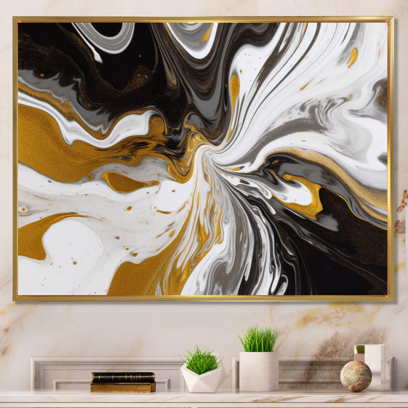 Symphonie or et marbre noir, H 16 po x l 32 po x P 1 po, Cadre flottant doré