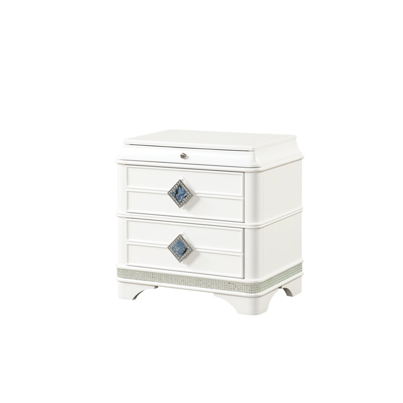 2, contemporain, blanc, table de chevet, espace de rangement caché, décor en cristal, tiroirs silencieux, décor de chambre à coucher moderne, armoire de chevet, ornements, fonction, remplisseur en bois massif,