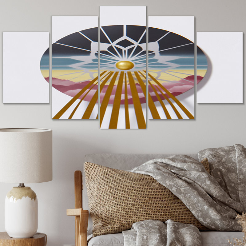 Lever de soleil graphique avec poutres dorées - impression d'art sur toile bouddhisme - 5 panneaux