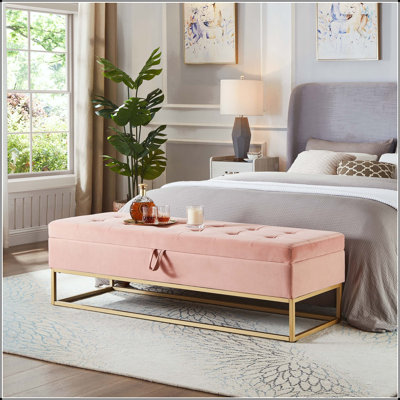 Banc de rangement en velours 58,6 po avec base en métal et plateau capitonné