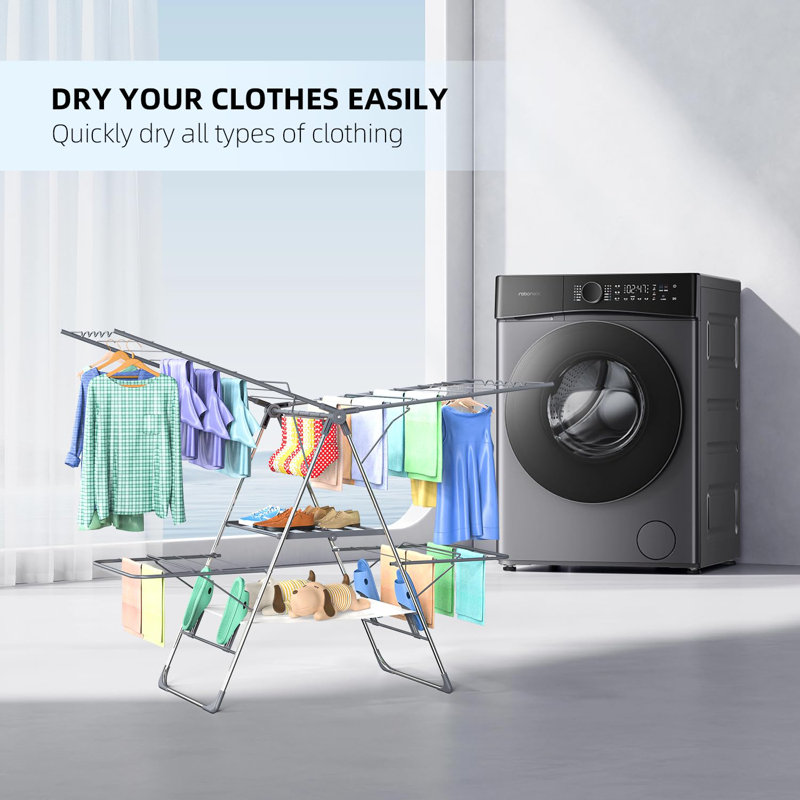 Clothes Drying Rack, Foldable 2-Level Laundry Racks For Drying Clothes Rack,Stainless Steel Drying Rack Clothing Collapsible For Indoor Outdoor,With Height-Adjustable Wings,33 Drying Rails,(Grey)