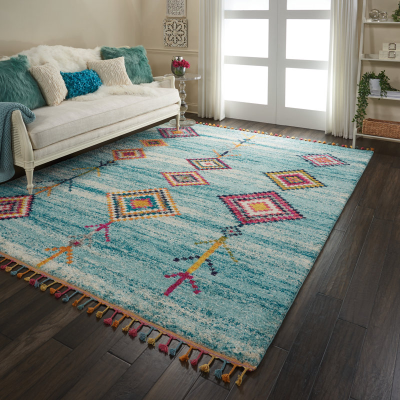 Tapis turquoise Lucina Tribal Bohemian, Rectangle 7 pi 10 po x 10 pi 6 po