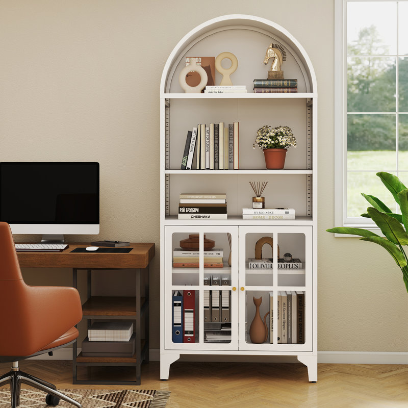 73.6" Arched Metal Storage Display Cabinet with Adjustable Shelves and Glass Doors, White