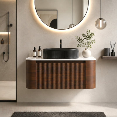 Meuble-lavabo de salle de bain avec lavabo, armoire murale en noyer avec porte-serviettes gratuit, lavabo simple en céramique rayé ovale, sans bonde ni robinet, pré-assemblé