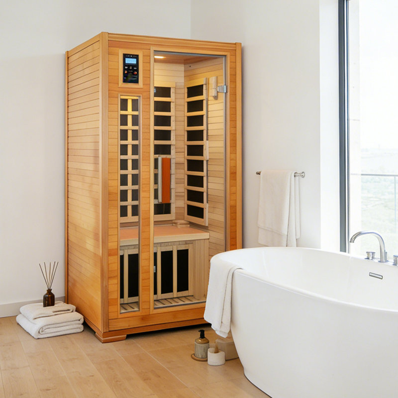1 Person Indoor FAR Infrared Sauna, 1500 watt Canadian Hemlock Indoor Sauna Room with LED Reading Lamp, LCD Display Control, Blue-Tooth Audio