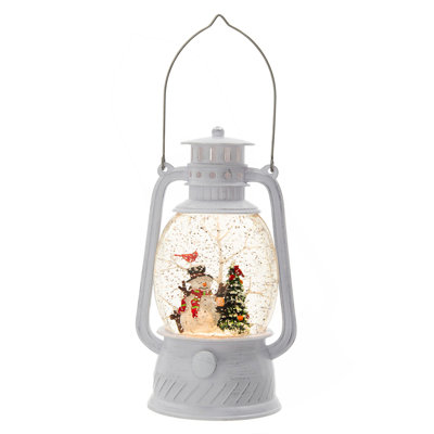 4.7X4.7X8.3"H Christmas Plastic/Resin White Lantern With Snowman & Tree Led/Water Spinning/6 Hours Timer, 3*AA Batteries Required