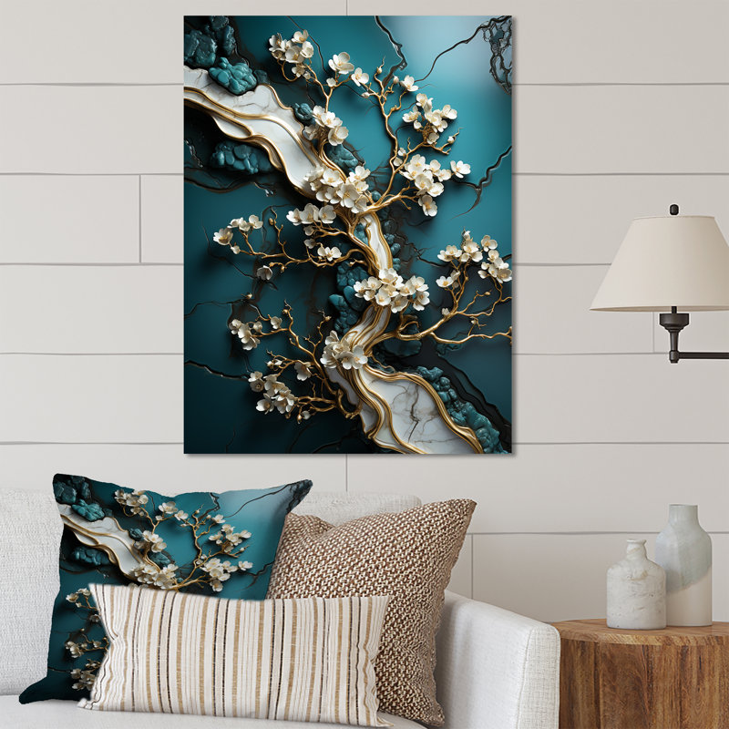 Gold And Emerald Ancient Bonsai  III - Abstract Tree Marble Metal Wall Art, 20" H x 12" W x 1" D