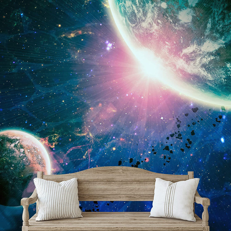 Planet In Outer Space Galaxy Border, 66" L x 96" W, Blue/Green