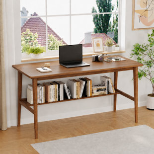 63" Double-Layer Computer Desk with Lower Bookshelf, Modern Writing Desk for Home Office