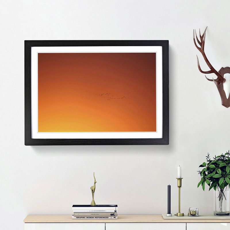 Birds in Flight During an Orange Sunrise - Picture Frame Photograph Print, 27cm H x 36cm W x 2cm D, Black Framed