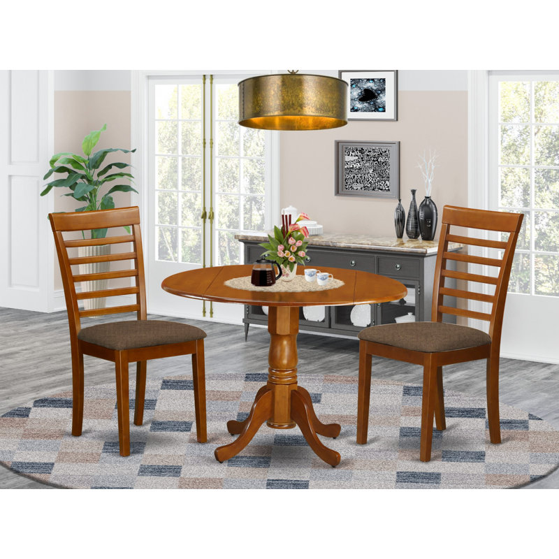 3 Piece Dining Set Contains a Round Dining Room Table with Dropleaf and 2 Linen Fabric Upholstered Kitchen Chairs, 42x42 Inch, Saddle Brown