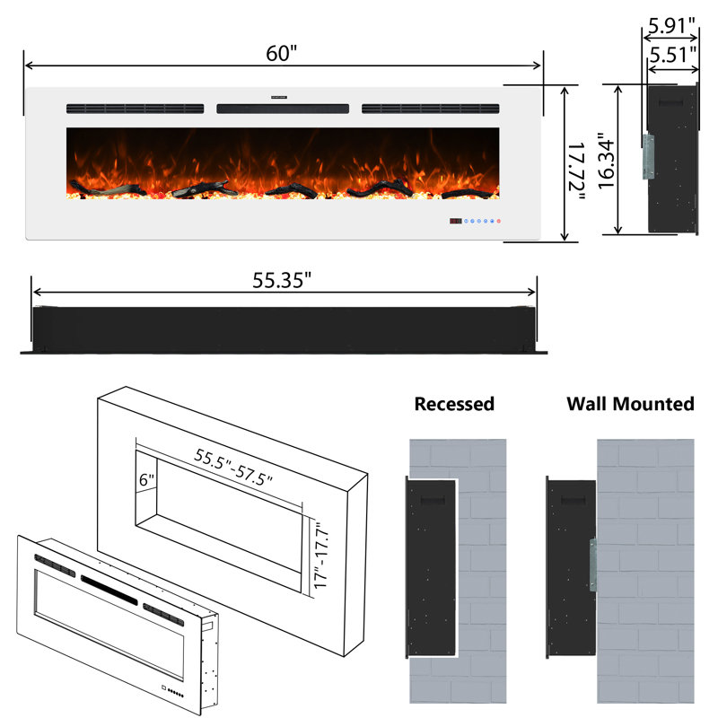Ballari Electric Fireplace Insert with 5120 BTU, White, 17.7" H x 60" W x 5.9" D