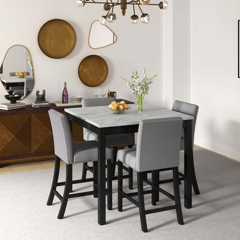 Ensemble 5 pièces de table et chaises de salle à manger, table et chaises en bois avec 4 chaises pour petits espaces, table de salle à manger carrée moderne à hauteur de comptoir, ensemble de table et de chaises de style Mid-Century compact, Uphols
