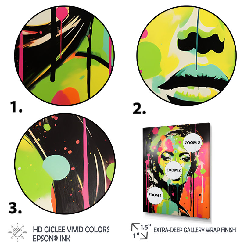 «Green and Pink Graffiti Woman Portrait I», art mural moderne femme, Cadre flottant doré, H 20 po x l 12 po x P 1 po