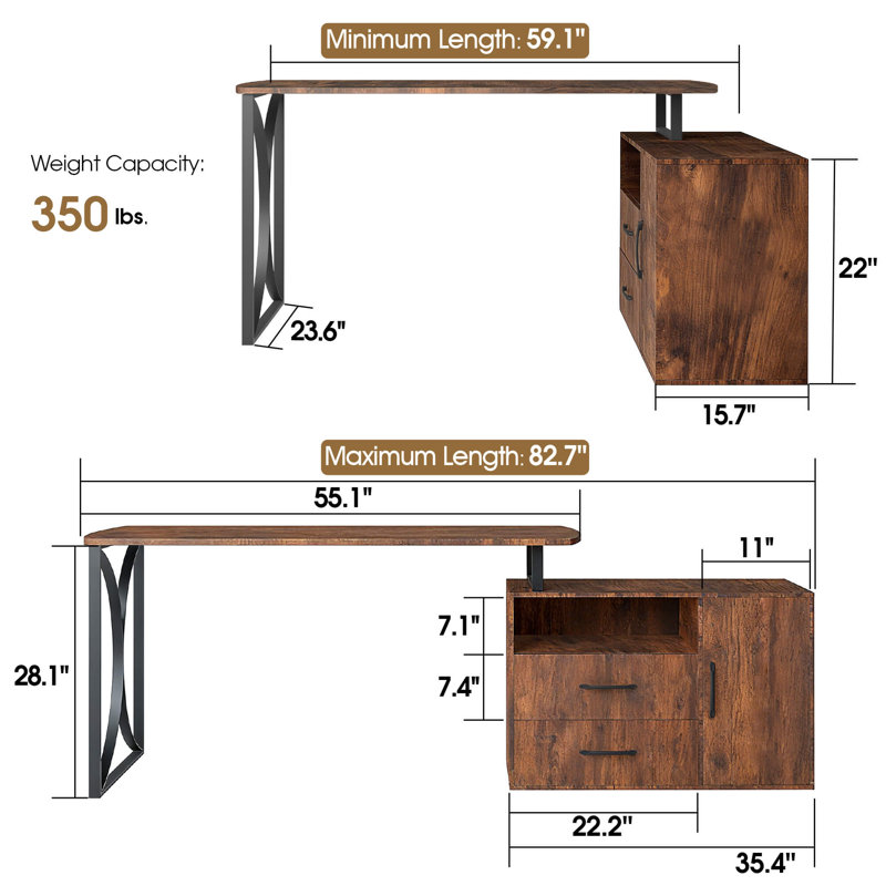 L-Shaped Writing Corner Desk, Computer Desk with Drawer and Cabinet, Brown/Black