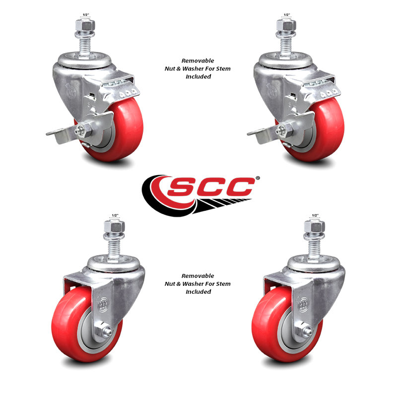 Ensemble de roulettes à tige filetée 3 pouces en polyuréthane rouge pivotant ½ pouce 2 freins SCC