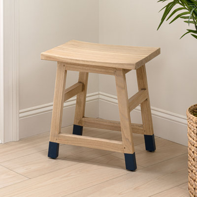 Finesse Handcrafted 18" Solid Wood Accent Stool with Natural/Navy Dipped Legs, Farmhouse Backless Vanity Seat & Decorative Plant Stand