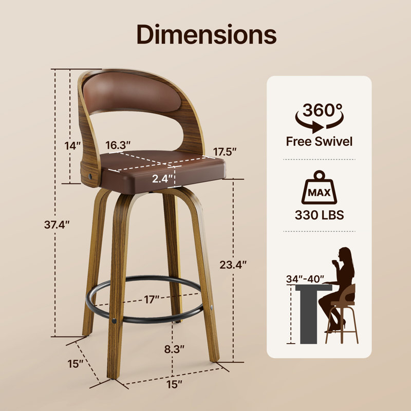 26" Swivel Counter Height Bar Stools with Arms and Back, Brown, Brown