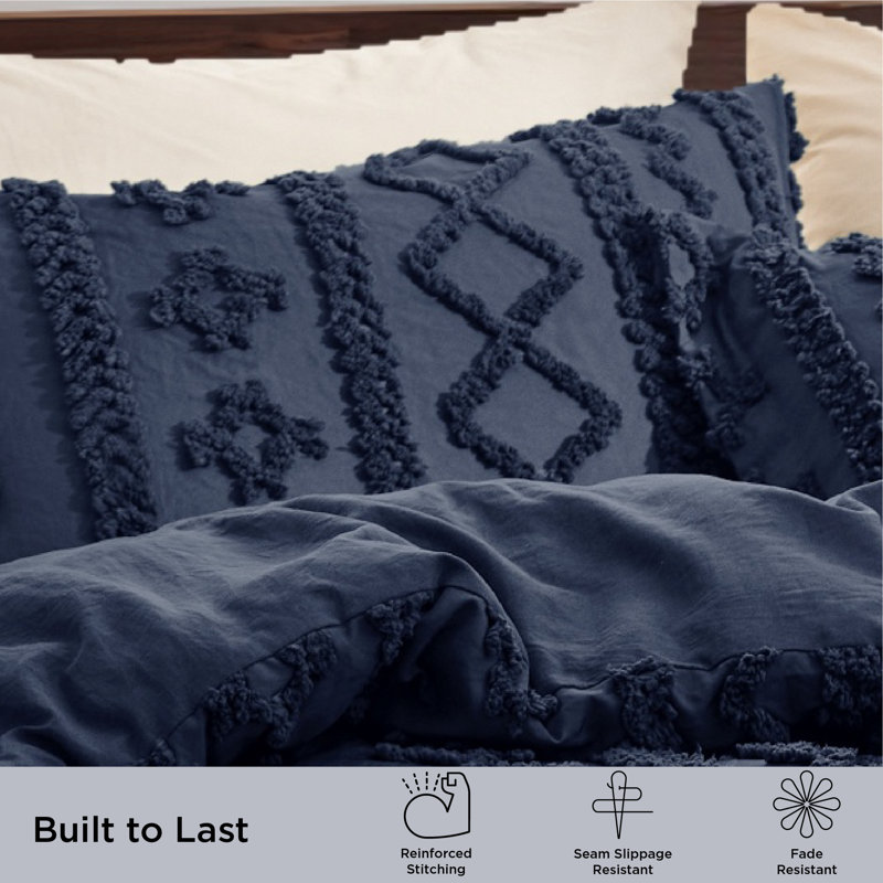 Bedsure Tufted Boho Twin Comforter Set – 2-Piece Navy Shabby Bedding，Farmhouse Jacquard Bed Set with Embroidery, All-Season Softness for Cozy Bedrooms & Boho-Chic Gifts