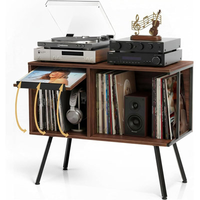 Mid-Century Flip Top Turntable Stand Vinyl Record Storage Cabinet with U-Shaped Dividers