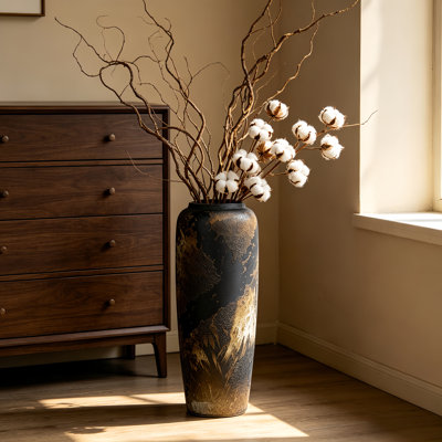 Grand vase de sol en céramique brune artisanale, 50 cm (19,7 po), vase décoratif rustique vintage pour herbes de la pampa, vase de sol de style campagnard pour la décoration du salon