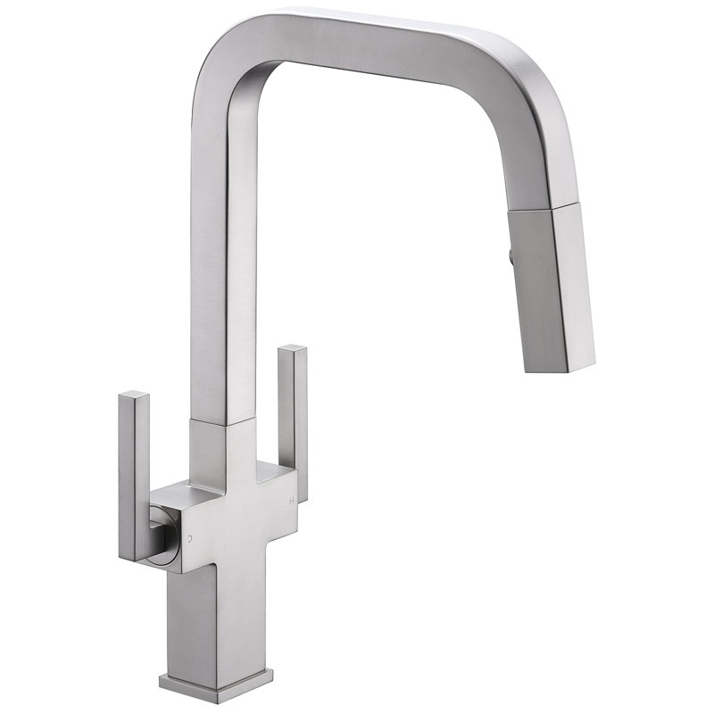 Pull Down Double Handle Kitchen Faucet, Brushed Nickel